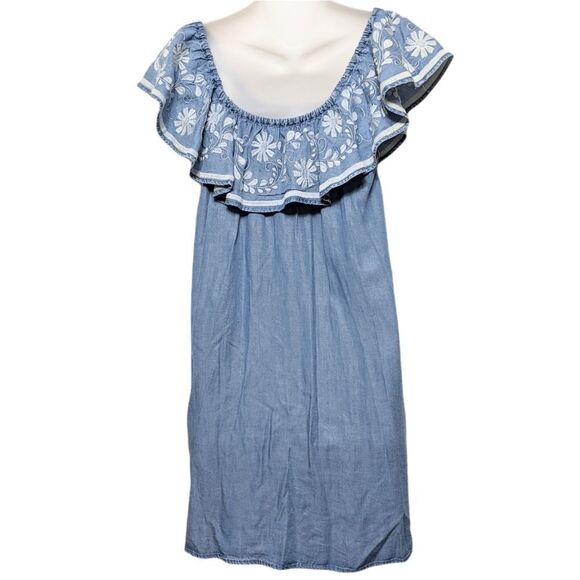 REBECCA MINKOFF Dev Off Shoulder Chambray Lyocell Embroidered Dress M - Picture 5 of 8
